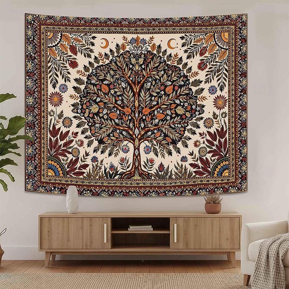 Tapeçaria de parede vintage estética com árvore da vida, fundo floral botânico da natureza, decoração boêmia para quarto, arte de parede grande para decoração de apartamento ou dormitório. de 2026 por $19.99 –P1