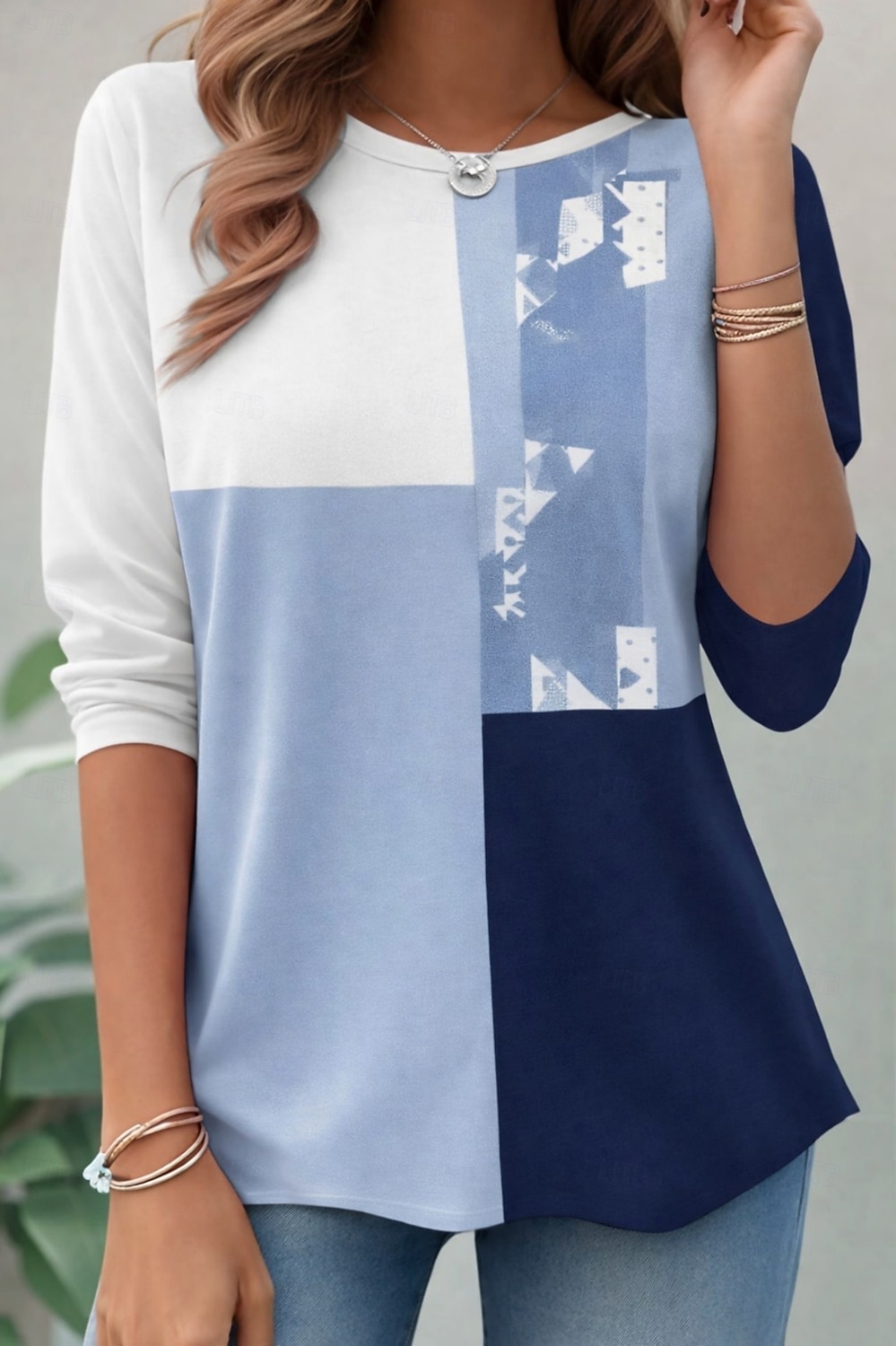 Dames T-shirt Afdrukken Grafisch Geometrisch Gestreept Vintage Modieus Stijlvol Lange mouw Strakke ronde hals Ronde hals Normale tops Dagelijks Wit / blauw Lichtgroen Khaki Zomer Lente Herfst 2026 - $24.99 –P1
