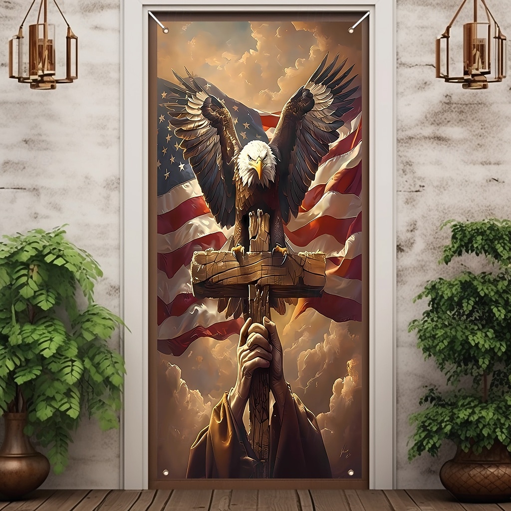 striscione patriottico per porta, bandiera americana, aquila calva e croce, decorazione religiosa da parete, cartello per portico del 4 luglio del 2026 a $17.99 –P1
