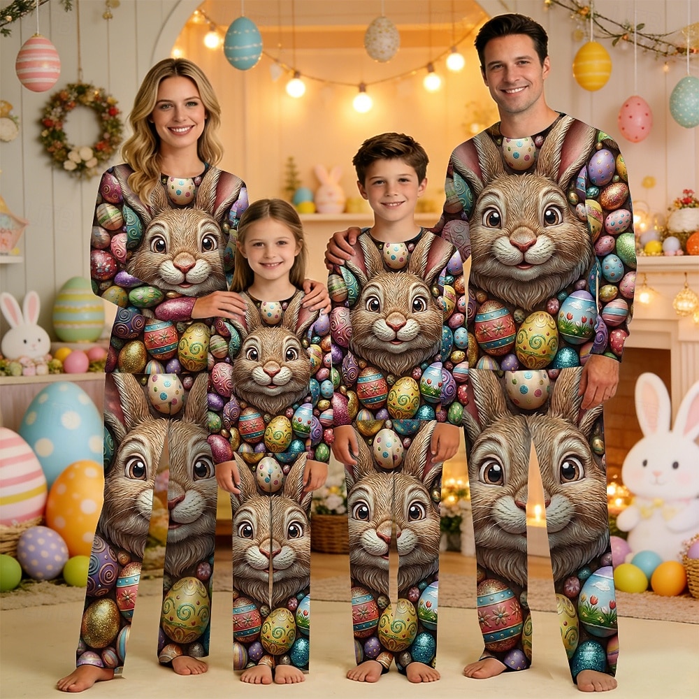 Family Easter Pajamas Graphic Bunny Casual Print Blue Black White Long Sleeve Vacation Matching Outfits 2026 - $23.99 –P2