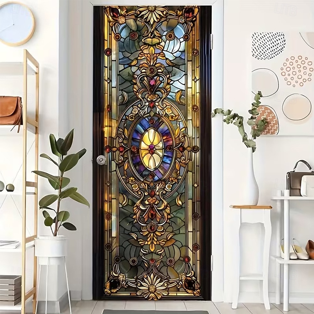 Cortina de puerta estilo vitral vintage con patrón barroco ornamentado, mampara de privacidad colgante, tapiz decorativo para puerta de casa y oficina. 2026 - $17.99 –P1