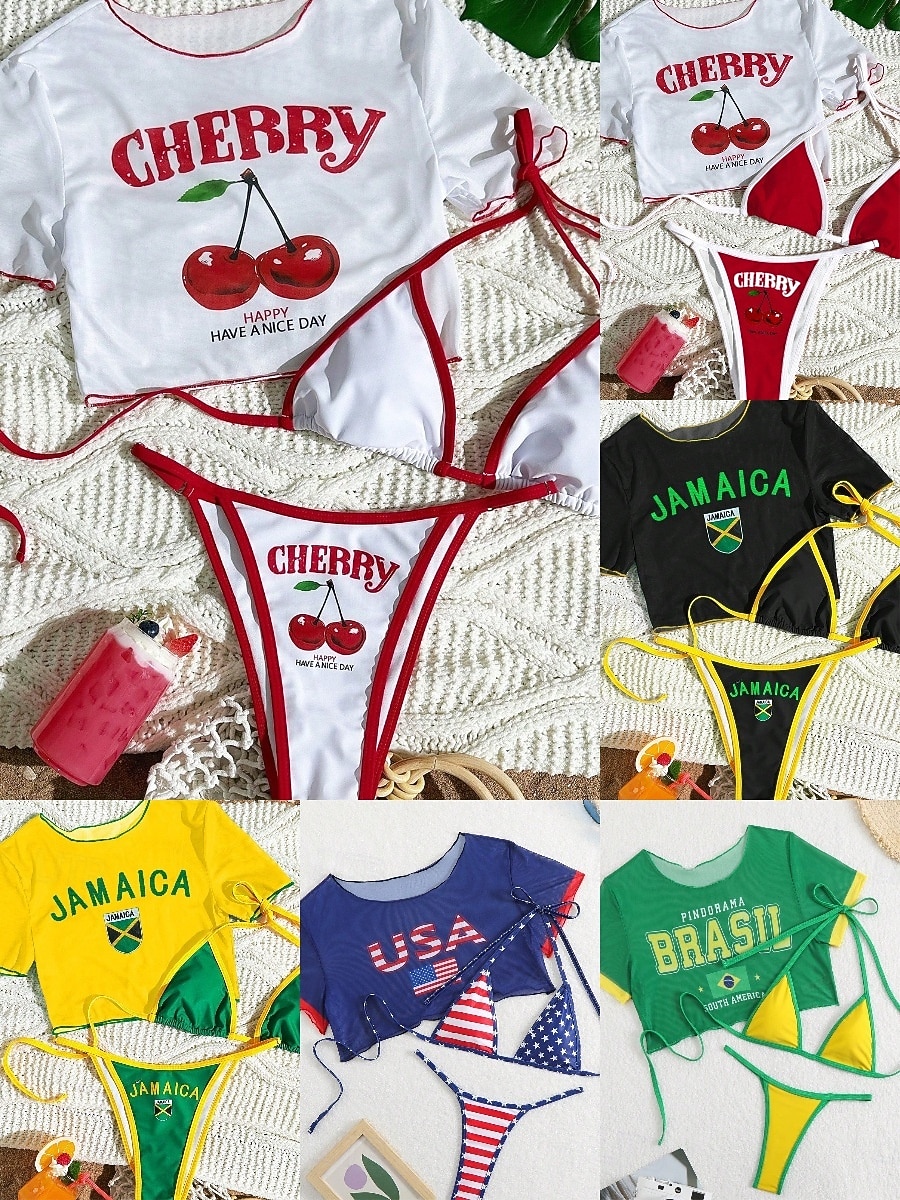 בגדי ריקוד נשים בגדי ים ביקיני שלוש חלקים חוטיני בגד ים רזה גב חשוף חופשה בגדי חוף אותיות צווארון עגול ללא שרוולים שרוול קצר בגדי ים 2026 - $22.99 –P1