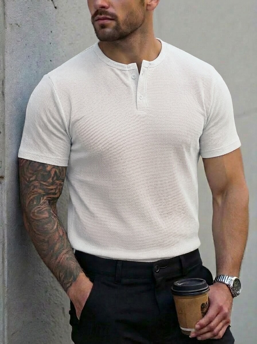 Bărbați Cămașă Henley Waffle Tee Top Manșon scurt Henley Vară Culoare solidă Modă Designer Comfortabil Nasturi Simplu Casual Zilnic În aer liber Negru Roz Alb Top tricou pentru bărbați 2026 - $18.99 –P7
