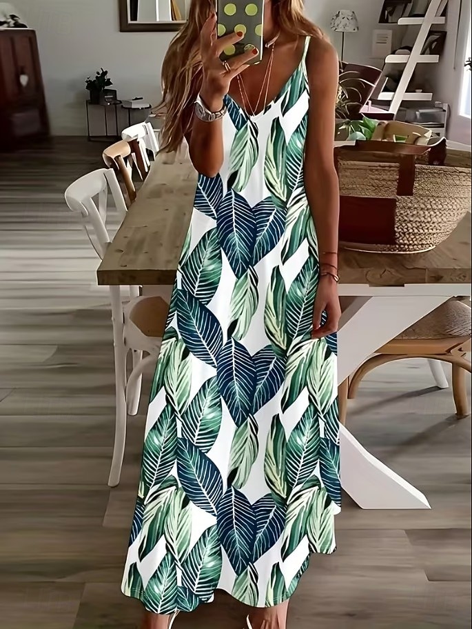 Naisten Maksimekko Kesämekko A linjainen mekko Slip Mekko Loma Vapaa-aika Boheemi Hiekkaranta Loose Fit Kuvitettu Lehti Hihaton V kaula-aukko Spagettiolkaimet Valkoinen Vaalean vihreä Punastuvan 2026 - $36.99 –P8