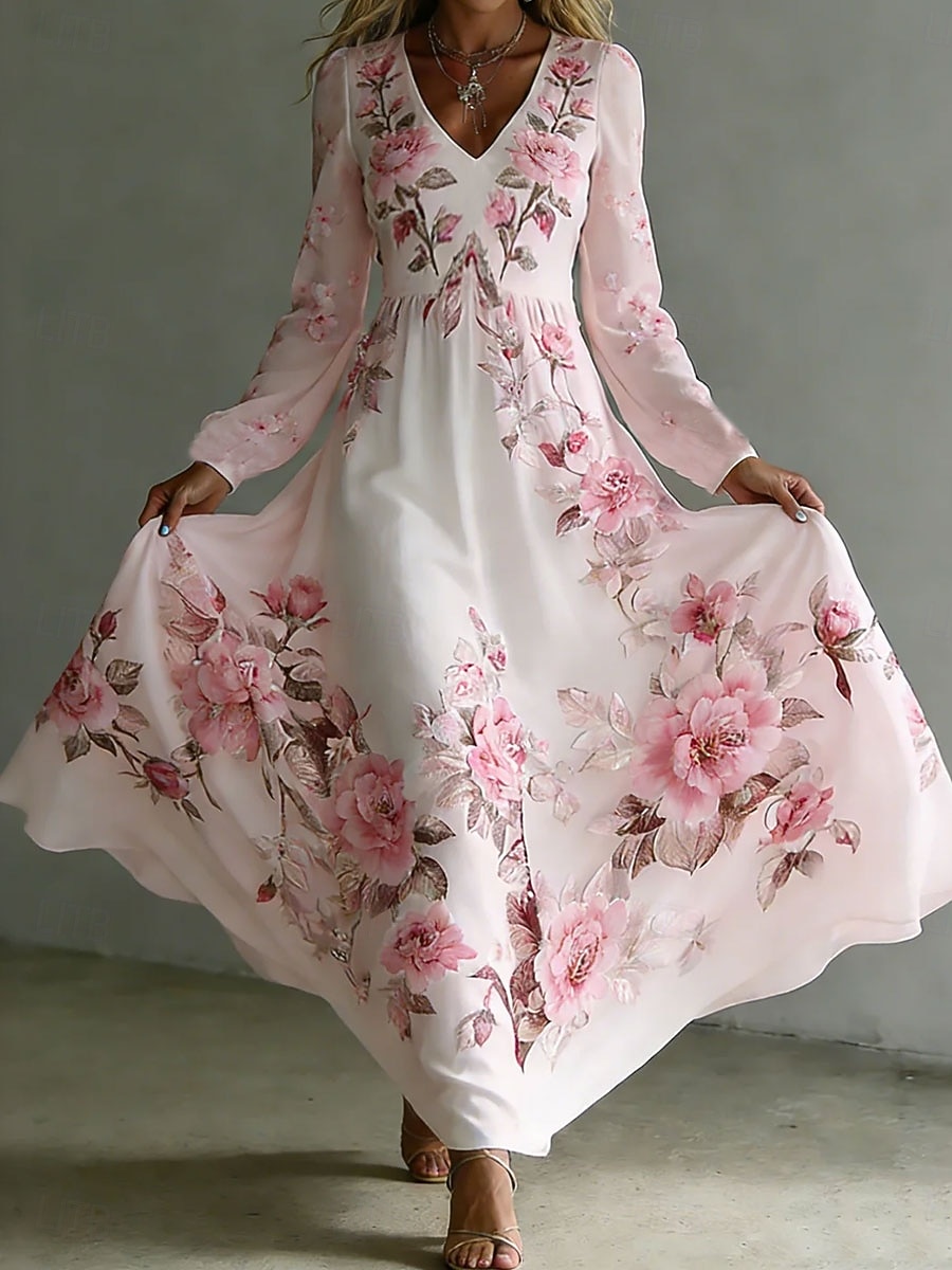 Damskie Sukienka midi Plisowana sukienka Impreza Codzienny Boho Randka Luźna Kwiaty Graficzny Długi rękaw W serek Rumiany róż Lato Wiosna 2026 - $41.99 –P1