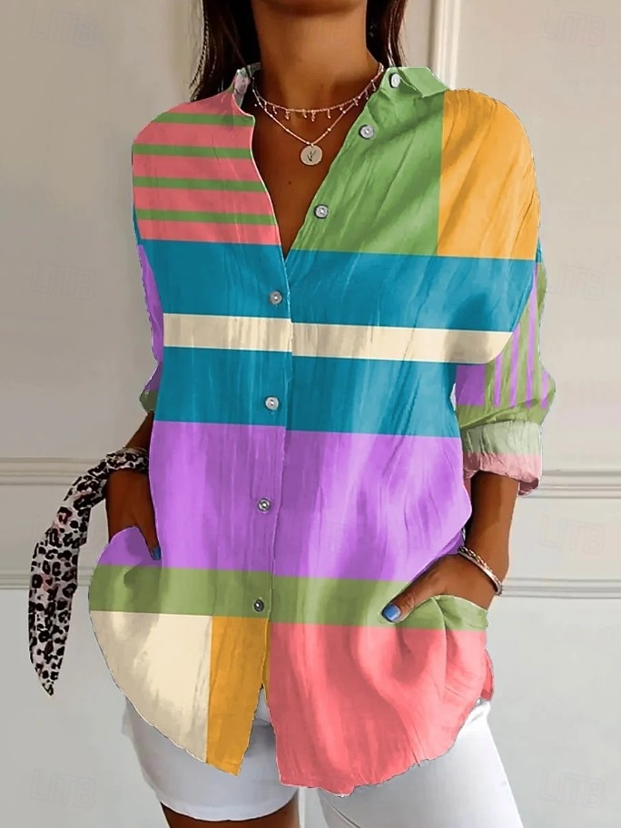 Damskie Koszula Bluzka Niejednolita całość Guziki Nadruk Graficzny Geometryczny Kratka Zabytkowe Tropikalny Codzienny Długi rękaw Kołnierzyk koszuli Zwykłe topy Codzienny Niebieski Czarny Biały Żółty 2026 - $32.99 –P2