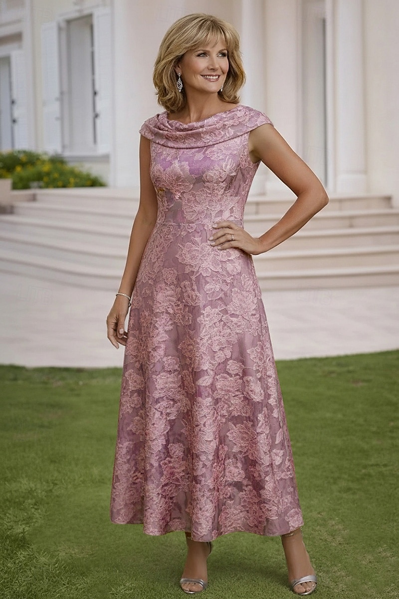 Corte A Hasta el Tobillo Vestido Invitada Boda Vestido formal Vestido de noche Vestido de Madrina Sin Mangas Cuello vuelto holgado Elegante Vintage Formal Jacquard con Recogido 2026 - $166.99 –P1