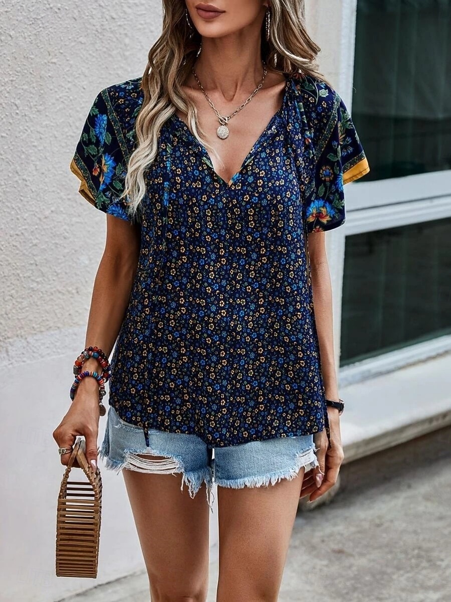 Damen Bluse Druck Blumen Bohemien Vintage Lässig Kurzarm V Ausschnitt Normale Oberteile Täglich Ferien Ausgehen Blau Rote Braun Aprikose Sommer Frühling 2026 - $27.99 –P11