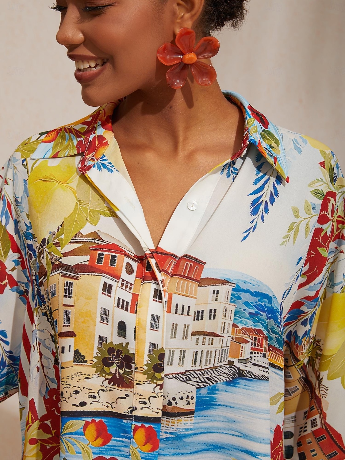 Sommerbluse aus fließendem Chiffon mit malerischem Blumenmuster im Santorini-Stil 2026 - $67.99 –P2