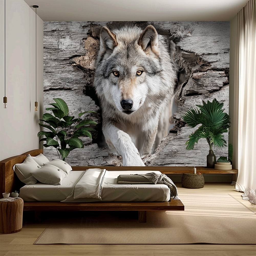 3D-ulveteppe veggteppe realistisk treulv som kommer ut av tre veggdekor stor stoffplakat til stue soverom mannehule 2026 - $19.99 –P3