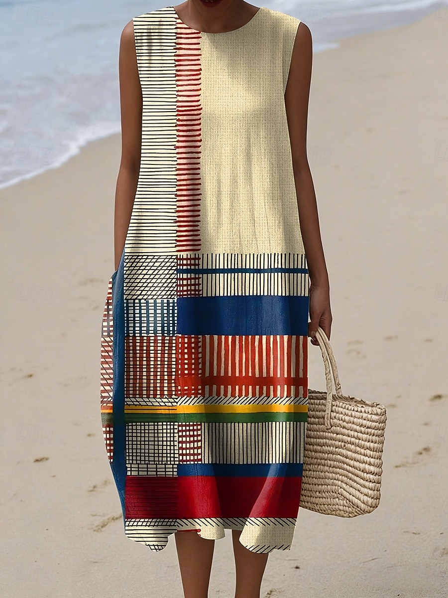 Women's Midi Dress Linen Like Shift Dress Casual Beach Going out Loose Fit Graphic Geometric Sleeveless Crewneck Blue Light Yellow Yellow Purple Summer Spring 2026 - $39.99 –P2