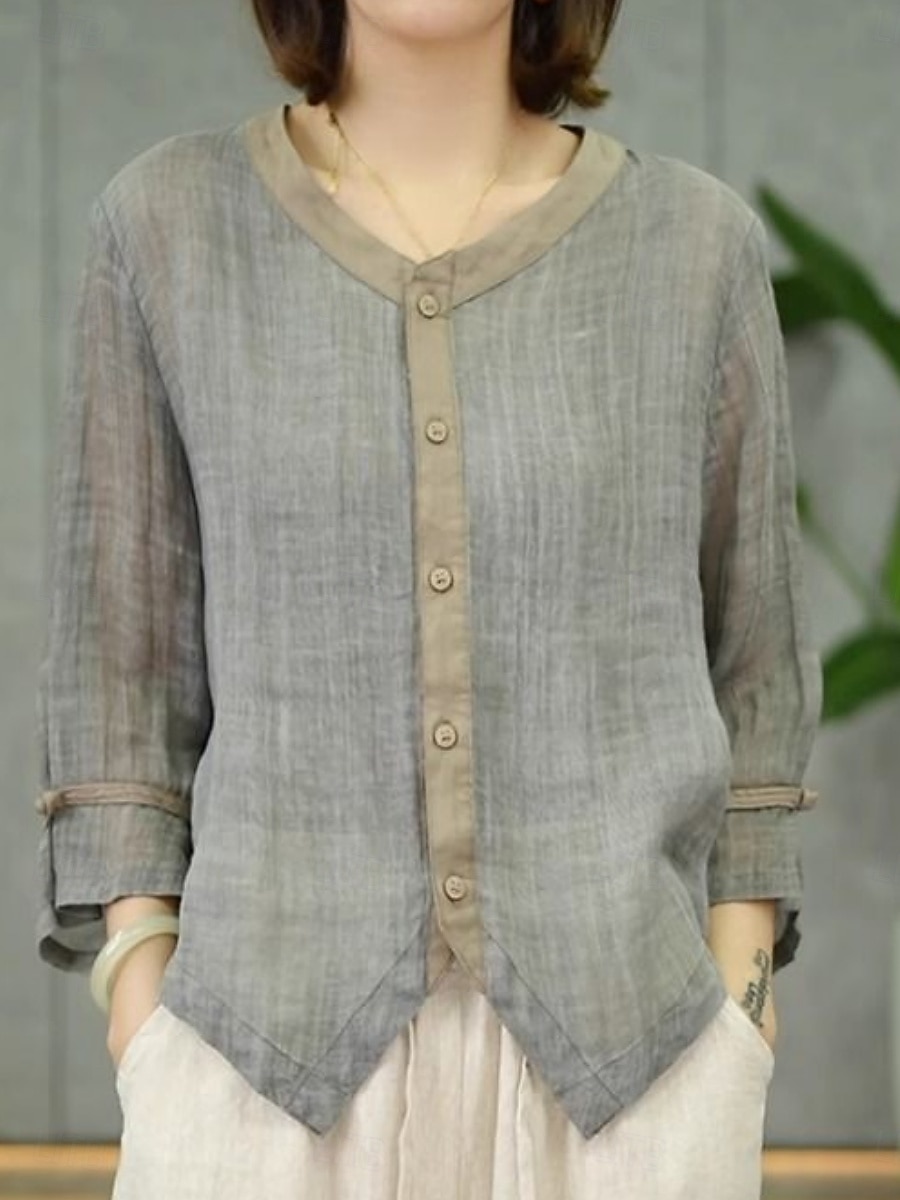 Mulheres Linho de algodão sintético Botões Côr Sólida à moda Básico Casual Manga Longa Decote V Tops regulares Diário Azul Verde Claro Rosa Roxo Cinza Claro Verão Primavera Outono de 2026 por $21.99 –P3