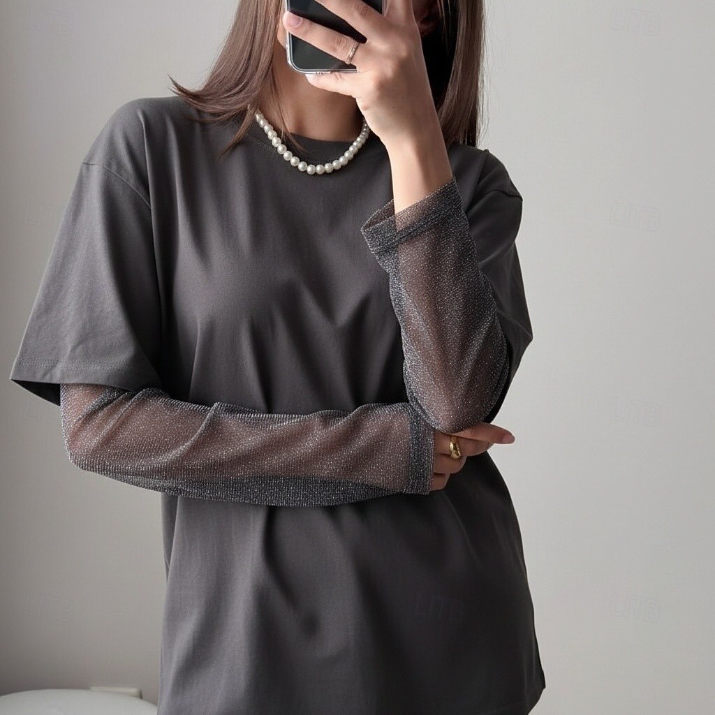 Naisten 100 % puuvillaverkkopaita tilkkutyö pitsi tilkkutyö feikki kaksiosainen yhdenvärinen tyylikäs rento pitkähihaisella pyöreällä kaula-aukolla säännölliset paidat päivittäinen ulkona musta khaki 2026 - $22.99 –P1