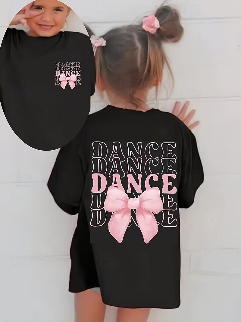 100% Baumwolle Kinder Mädchen Schwarz Grafik Schleife T-Shirt Rundhalsausschnitt Kurzarm Urlaub Sport & Outdoor Alltagskleidung Sport Mode Lässig Drucken Sommer Frühling 2026 - $14.99 –P1