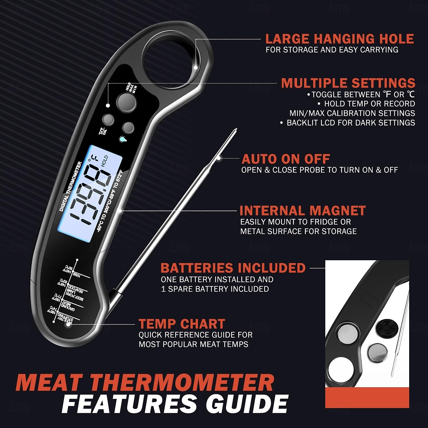 цифровой термометр водонепроницаемый с подсветкой электронный пищевой термометр для пищевых продуктов мгновенного считывания 2026 - $24.99 –P7