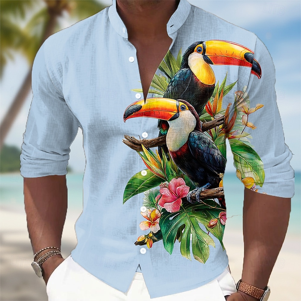 Herren Tropische Blumen Palmblatt Tukane Hemd Hawaiihemden Stehkragenhemd Langarm Hawaiianisch Lässig Urlaub Frühling Herbst Mandarinkragen Stehkragen 3D-Druck Hemden mit Knopfleiste Blau Weiß Khaki 2026 - $27.99 –P2