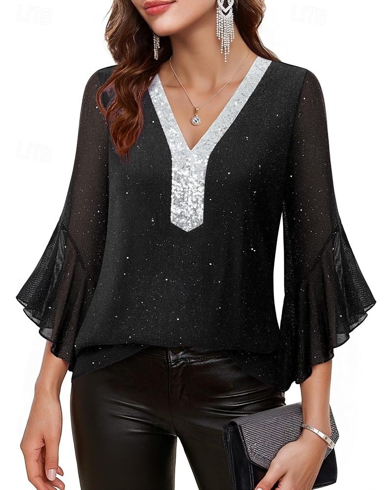 Mulheres Blusa Tops de lantejoulas Patchwork Bloco de cor à moda Moderno Manga 3/4 Sino Decote V Tops regulares Diário Feriado Para Noite Azul Preto Vermelho Verde Verão Primavera de 2026 por $31.99 –P7