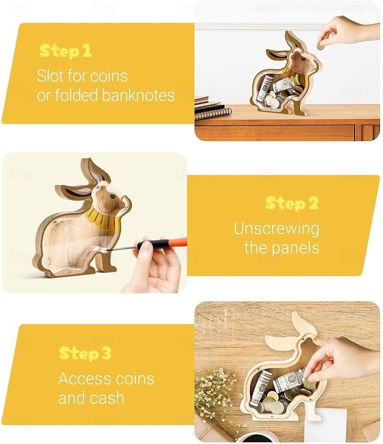 Tresparegris av kanin for barn, uknuselig myntbøtte av tre for barn, søt pengebøtte, kaninbøtte til jul, bursdag, påskegaver, sparegrisleke for jenter, gutter 2026 - $22.99 –P7