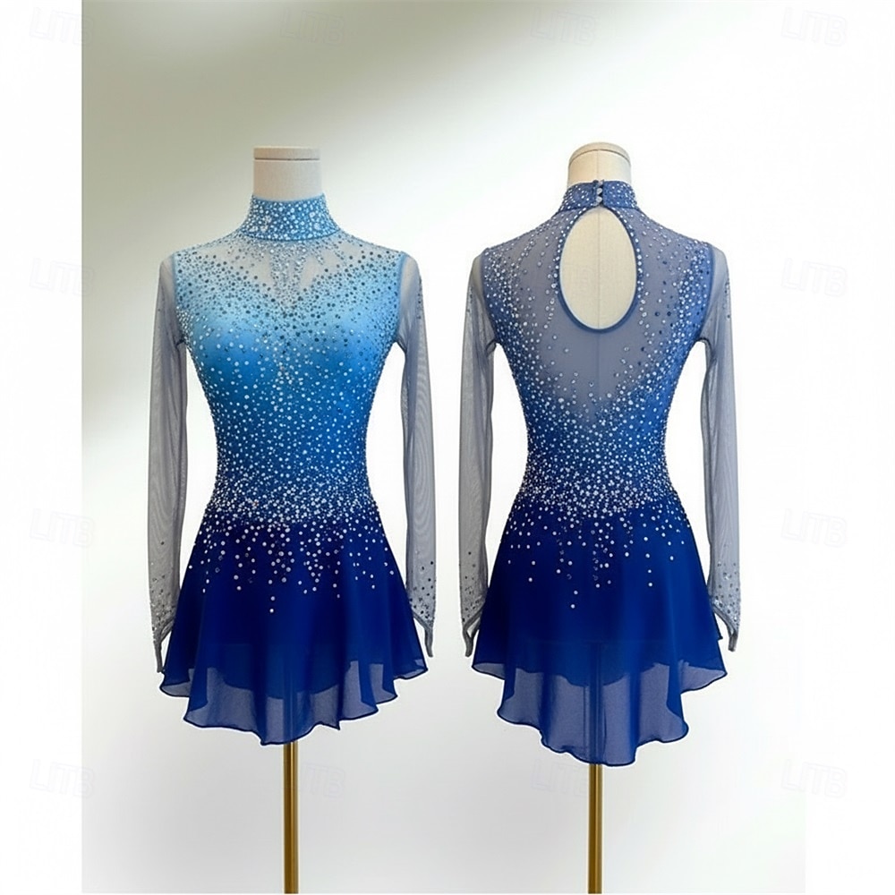 Vestidos para Patinação Artística Mulheres Patinação no Gelo Vestidos Azul+Azul Claro Patchwork Thumbhole Com Stretch Treino Competição Roupa para Patinação Clássico Cristal / Strass Manga Longa de 2026 por $266.99 –P1