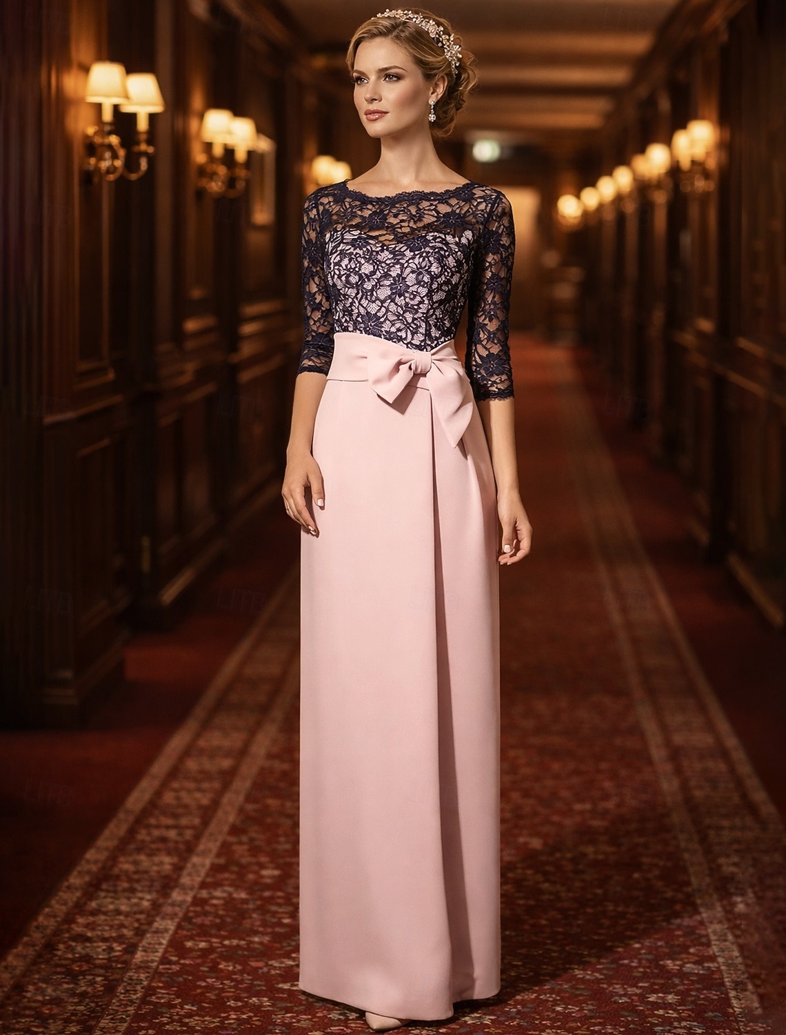 Sheath Column Floor Length Wedding Guest Dress Formal Dresses Evening Gown Mother of the Bride Dress 3/4 Length Sleeve Jewel Neck Elegant Wedding Guest Satin Lace with Bow(s) 2026 - $206.99 –P1