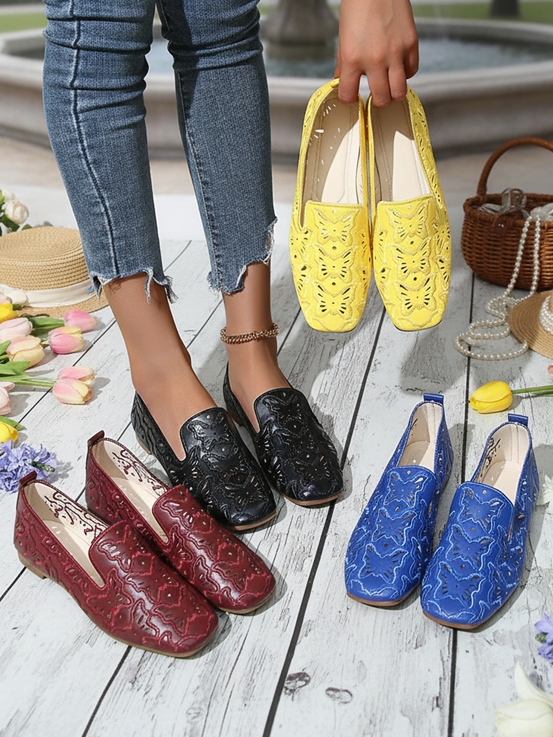 Dámské žluté ploché boty s výřezem – prodyšný perforovaný design, mokasíny ve vintage stylu na jaro a léto, na chůzi, cestování, volný čas a každodenní outfity 2026 - $26.99 –P1