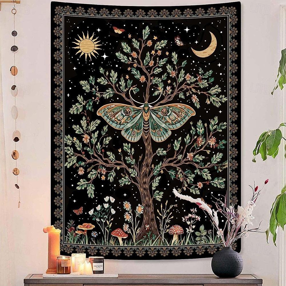 vintage luna moly fali kárpit misztikus természet életfa holdfázisokkal csillagok vadvirág gomba esztétikus dekoráció hálószobába, kollégiumi szobába 2026 - $19.99 –P2