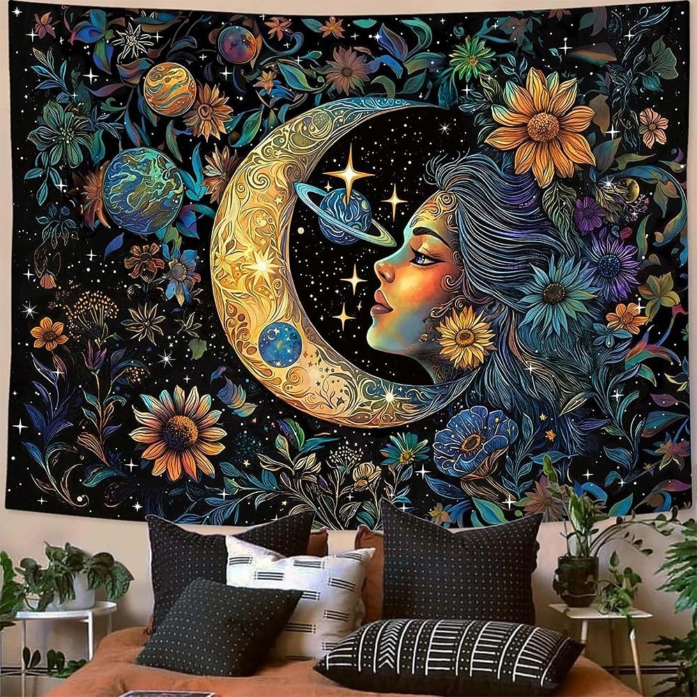 Gobelín slunce a měsíc na zeď, nebeské květiny, slunečnice, růže, boho hippie nástěnné umění do ložnice, obývacího pokoje, jógy, meditační dekorace 2026 - $19.99 –P8