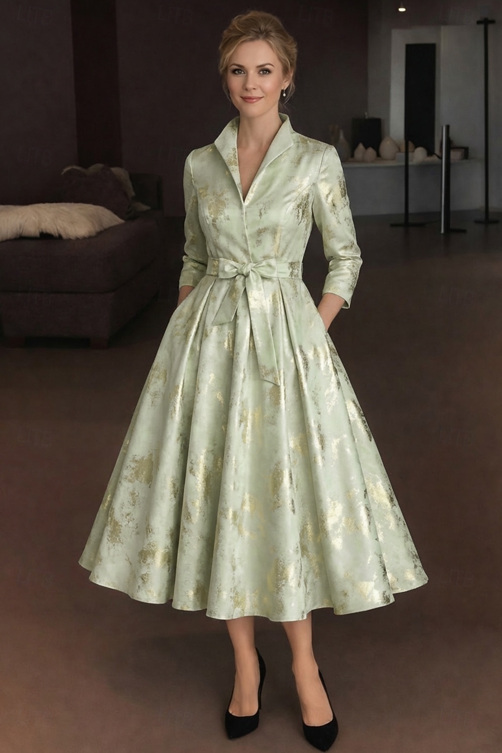 A-linje Te-lengde Skjortekjole Formell kjole Aftenkjole Kjole til brudens mor 3/4 ermer Skjortekrage Elegant Årgang Formell Jacquard med Belte / bånd Sløyfe(r) Blomst 2026 - $178.99 –P1