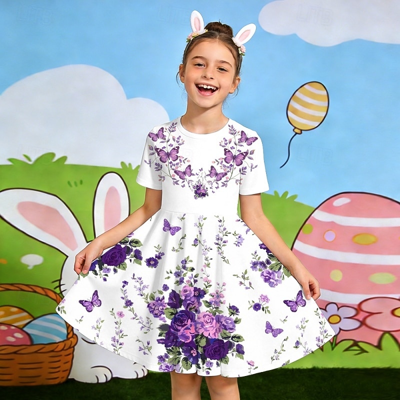 Semana Santa Girls ' 3D Floral Graphic Mariposa Vestido Manga Corta Impresión 3D Verano Primavera Diario Vacaciones Fiesta Estilo lindo Básico Casual Niños 4-12 años Vestido informal Vestido de una 2026 - $19.99 –P1
