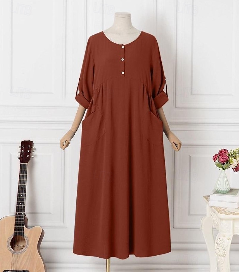Women's Maxi Dress Linen-feel Dresses Shift Dress Summer Dress Casual Daily Loose Fit Plain Long Sleeve V Neck Blue Black Dark Red Summer Spring Fall 2026 - $33.99 –P5