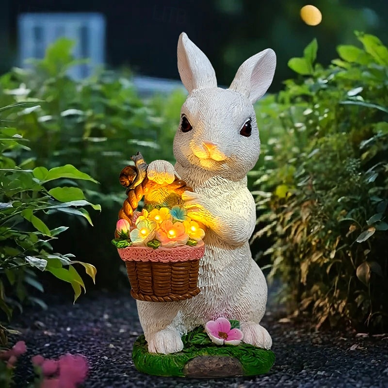 húsvéti nyuszi virágkosár gyantás figura lámpával, kültéri napelemes vízálló kerti dekoráció, udvari ösvény gyepvilágítás, aranyos állatszobor, mezőgazdasági tájképi díszvilágítás kültéri dekorációhoz 2026 - $34.99 –P1
