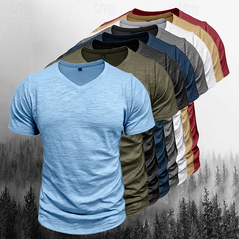 Herre T-skjorte 100 % bomulls-T-skjorte Kort Erme V-hals Sommer Vår & Vinter عادي Pit Strip Mote Designer Grunnleggende Grunnleggende Myk Avslappet Feriereise Gate Svart Stein Grønn Topp T-skjorte 2026 - $20.99 –P1