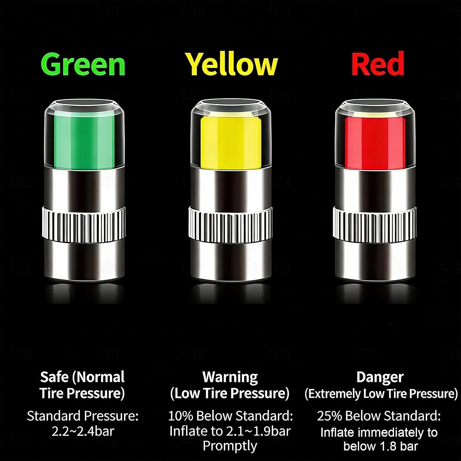 4 db gumiabroncsnyomás-ellenőrző szelepszár-sapka, 2,4 bar 36 psi autó gumiabroncsnyomás-ellenőrző érzékelő kijelző 3 színű szemriasztással, univerzális szelepszár-sapkák autókhoz 2026 - $9.99 –P6