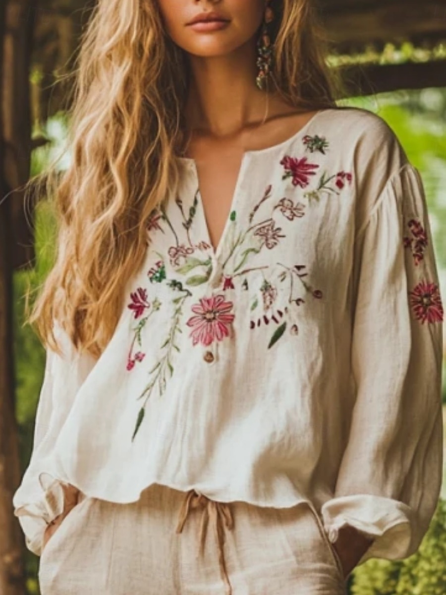 Mulheres Camisa Social camisa Boho Blusa Imprimir Floral Gráfico Vintage Diário à moda Manga Longa Decote V Tops regulares Diário Feriado Bege Verão Primavera de 2026 por $32.99 –P1