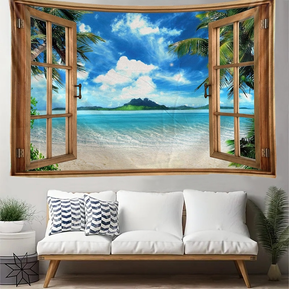 tropická pláž výhled z okna gobelín nástěnná dekorace 3D příroda krajina palmy oceán ostrov léto domácí dekorace velké látkové pozadí 2026 - $19.99 –P2