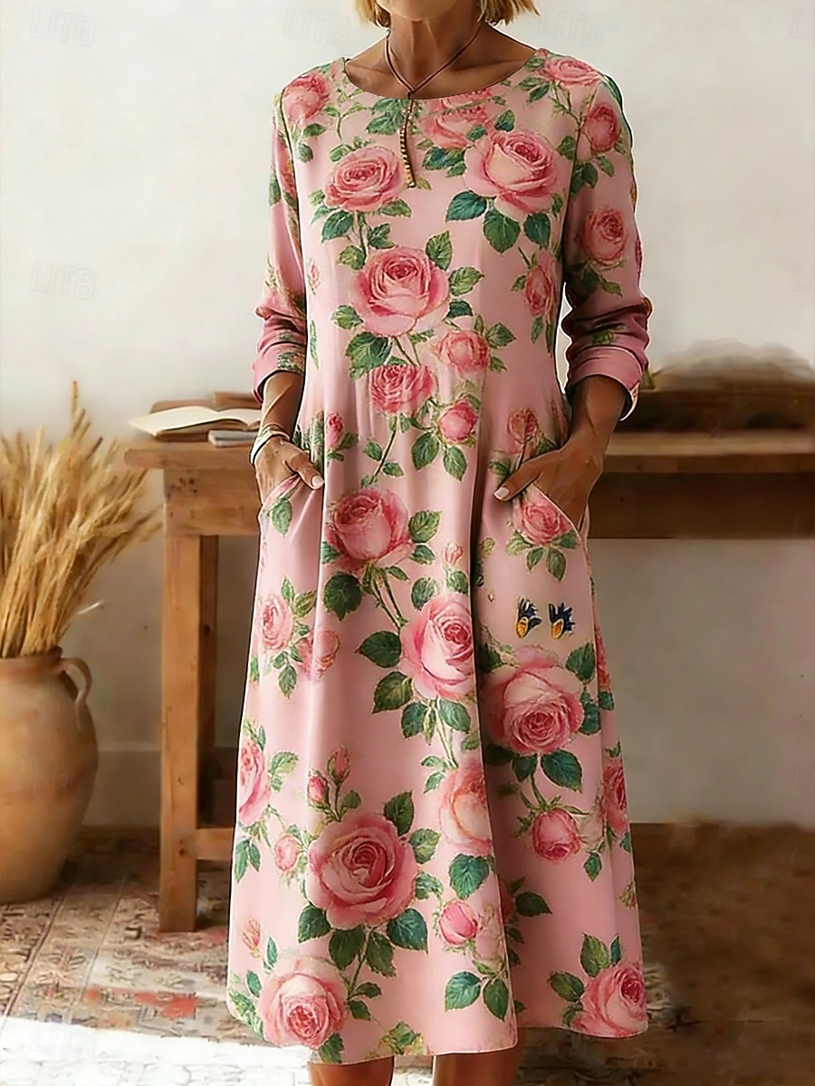 Damen Midikleid Etui-Kleid T-Shirt-Kleid Urlaub Lässig Boho Ferien Date Normale Passform Blumen Grafik Langarm Rundhalsausschnitt Weiß Gelb Rosa Orange Sommer Frühling 2026 - $32.99 –P4