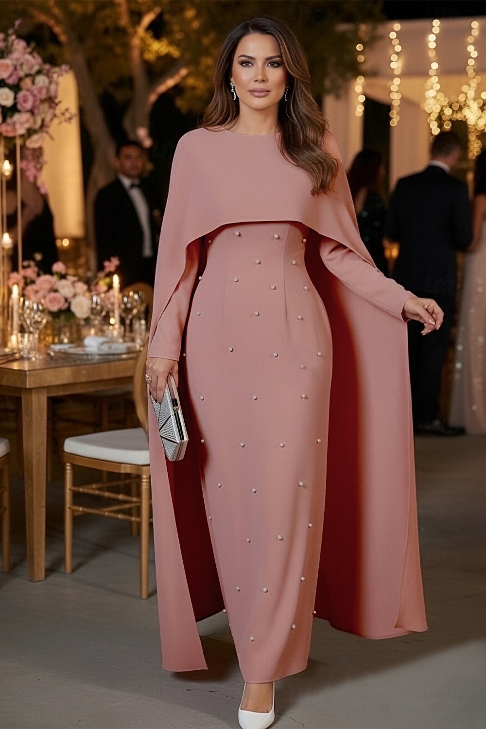 Linjeform Gulvlengde Formell kjole Aftenkjole Kappekjole Ballkjole med kappe Elegant Langermet Crew-hals Bryllup Formell Cape med Perledetaljer Sjal 2026 - $175.99 –P1