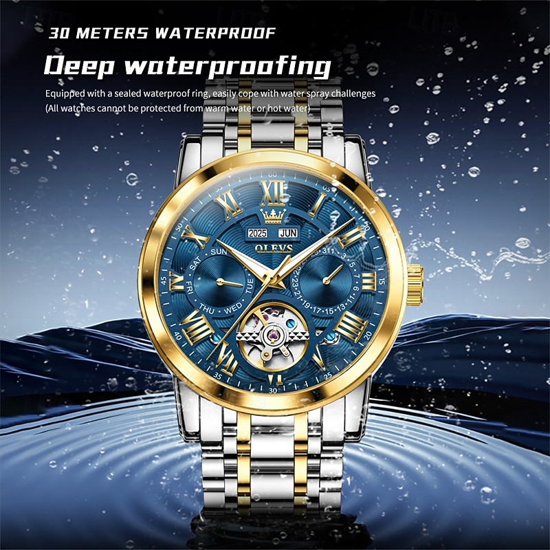 Новые мужские деловые часы Olevs с люминесцентным дисплеем, вечным календарем, календарем и отображением недели. Полностью механические часы с полым ротором для повседневного использования, 2026 - $97.99 –P12