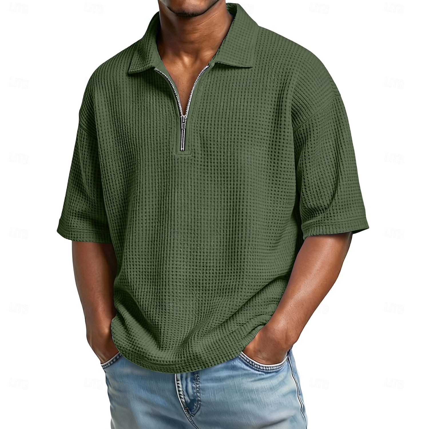 Pánské Waffle Polo košile Polo na zip Ležérní Zdatnost Klopa Čtvrtletní zip Krátký rukáv Módní Sval Pevná barva Bez vzoru Zip Léto Jaro Volný potah Fialová Námořnická modř Armádní zelená Šedá Světle 2026 - $22.99 –P4
