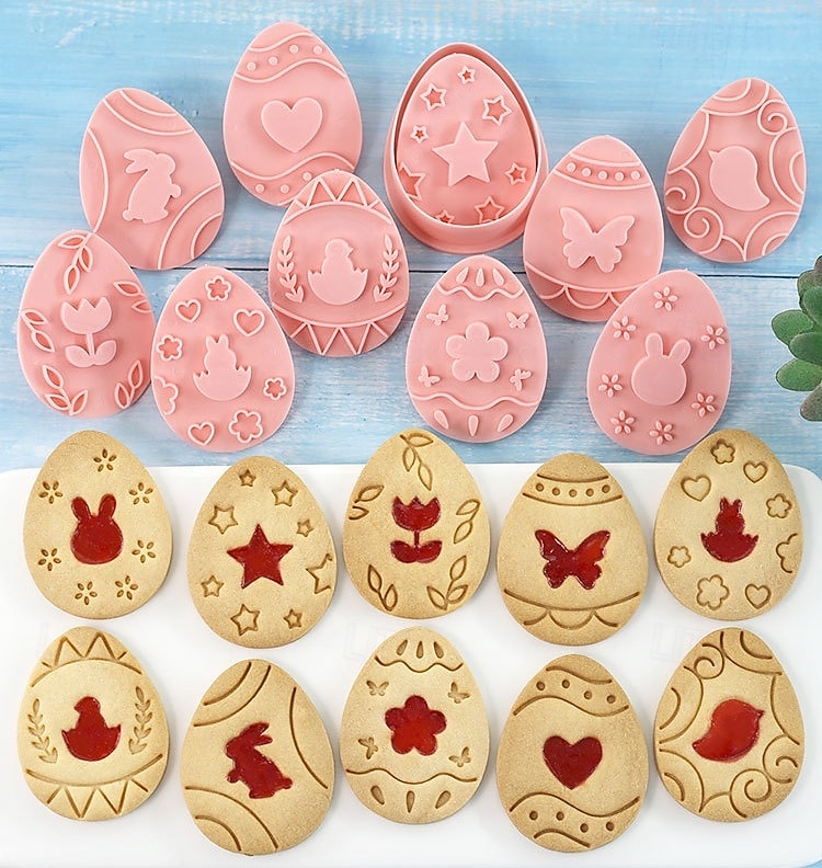 مجموعة قوالب تقطيع بسكويت عيد الفصح، ١٠ قطع من قوالب ضغط البسكويت، مجموعة قوالب تقطيع بسكويت بيض عيد الفصح مع مجموعة طوابع ضغط، أدوات مطبخ، طوابع بسكويت بلاستيكية 2026 - $9.99 –P1
