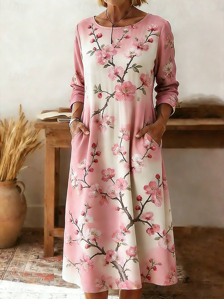 Damen Midikleid Etui-Kleid T-Shirt-Kleid Urlaub Lässig Boho Ferien Date Normale Passform Blumen Grafik Langarm Rundhalsausschnitt Weiß Gelb Rosa Orange Sommer Frühling 2026 - $32.99 –P2