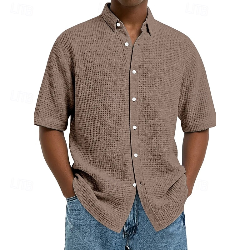 Homens Camisa Social Camisa Waffle Textura Camisa casual camisa de botão Vinho Azul Marinha Manga Curta Tecido Lapela Diário Streetwear Roupa Moda Moderno Casual Confortável de 2026 por $22.99 –P7