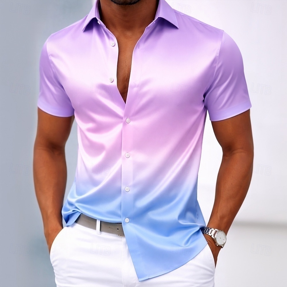 Men's Gradient Color Shirt Satin Shirt Dress Shirt Short Sleeve Fashion Casual Daily Vacation Summer Spring Turndown Collared Shirts 3D Print Button Up Shirts Blue Black Purple Light Blue 2026 - $15.99 –P2