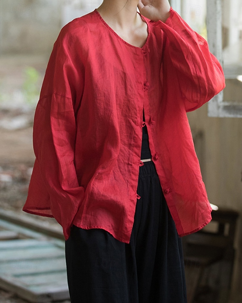 Camisa feminina 100% linho, blusa com botões, lisa, estilo vintage, manga longa, gola redonda, tops regulares para uso diário, férias, sair, nas cores preto, rosa, vermelho e verde, para verão e primavera. de 2026 por $45.99 –P15