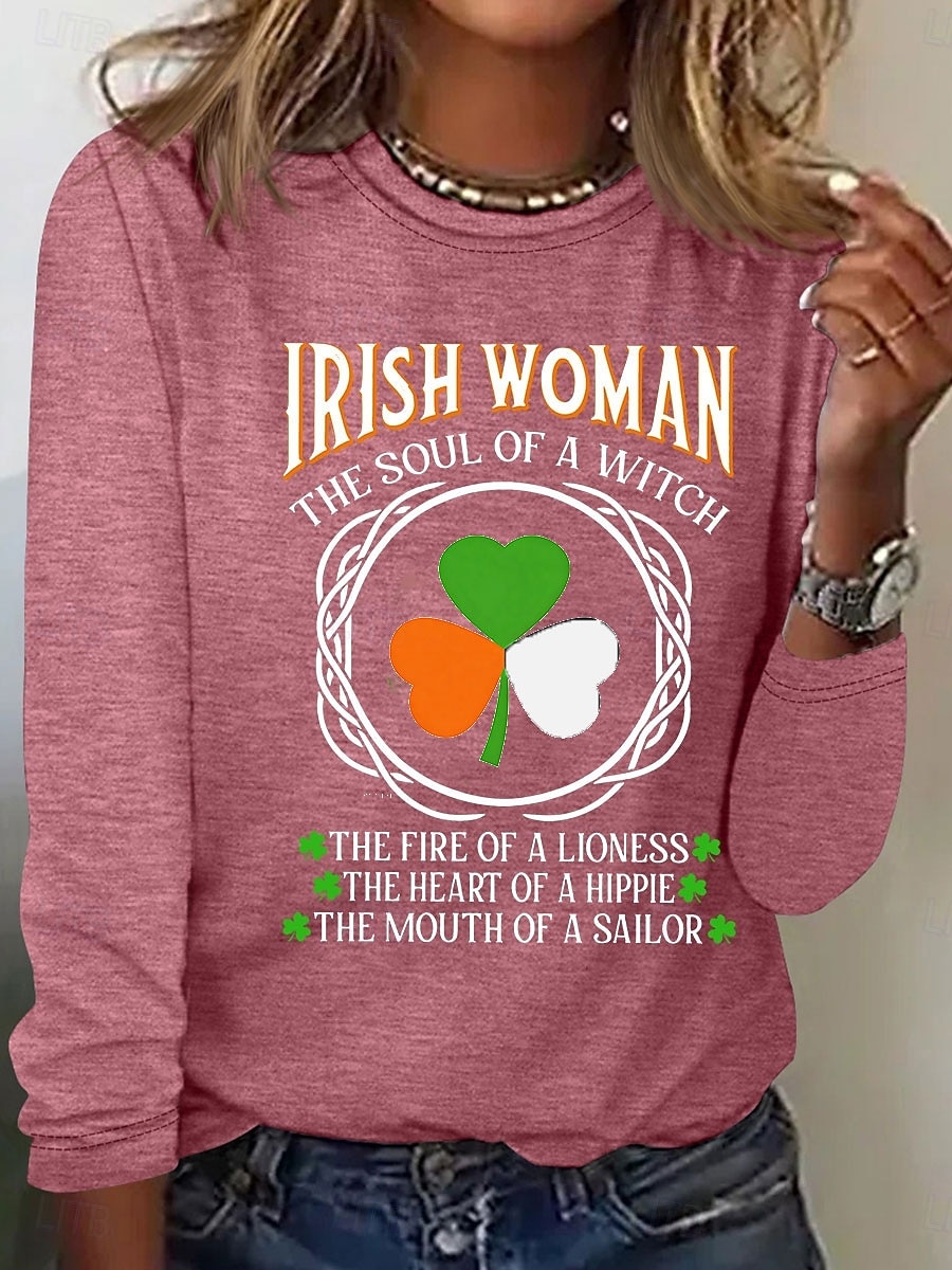 T-shirt da donna per il giorno di San Patrizio Graphic Shamrock Lettera Stilosa Classica Casual a maniche lunghe Collo tondo Tops normali Stampa Daily Blu Nero Bianca Rosa Beige Primavera Autunno del 2026 a $24.99 –P4