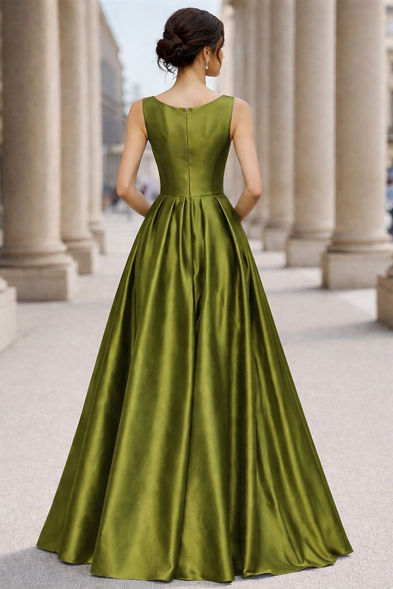 Linea ad A Lunghezza al pavimento Abito da Sera Elegante Quotidiano Senza Maniche Scollo a V Matrimonio Formale Taffetà con Pieghe Spacco del 2026 a $171.99 –P2