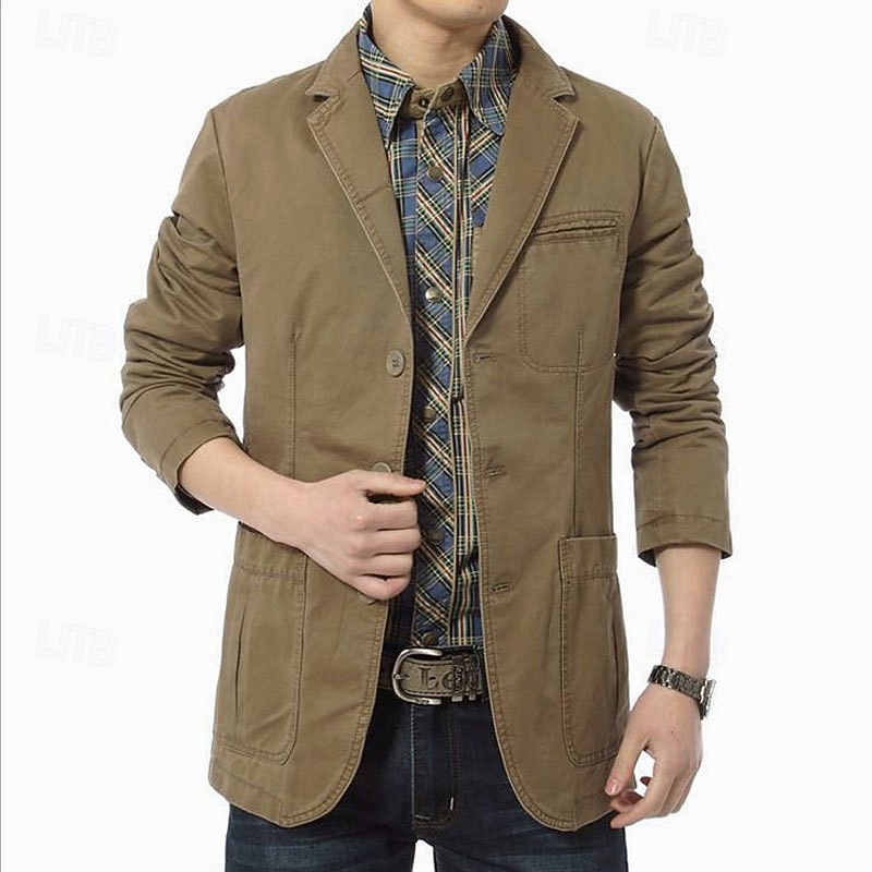 Herren Blazerjacke Lässig Täglich Outdoor Vintage Lässig Sommer Frühling Baumwolle Einfarbig Button-Down Thermowarm Einreihig Blazer Schwarz Kaki Armeegrün 2026 - $37.99 –P5