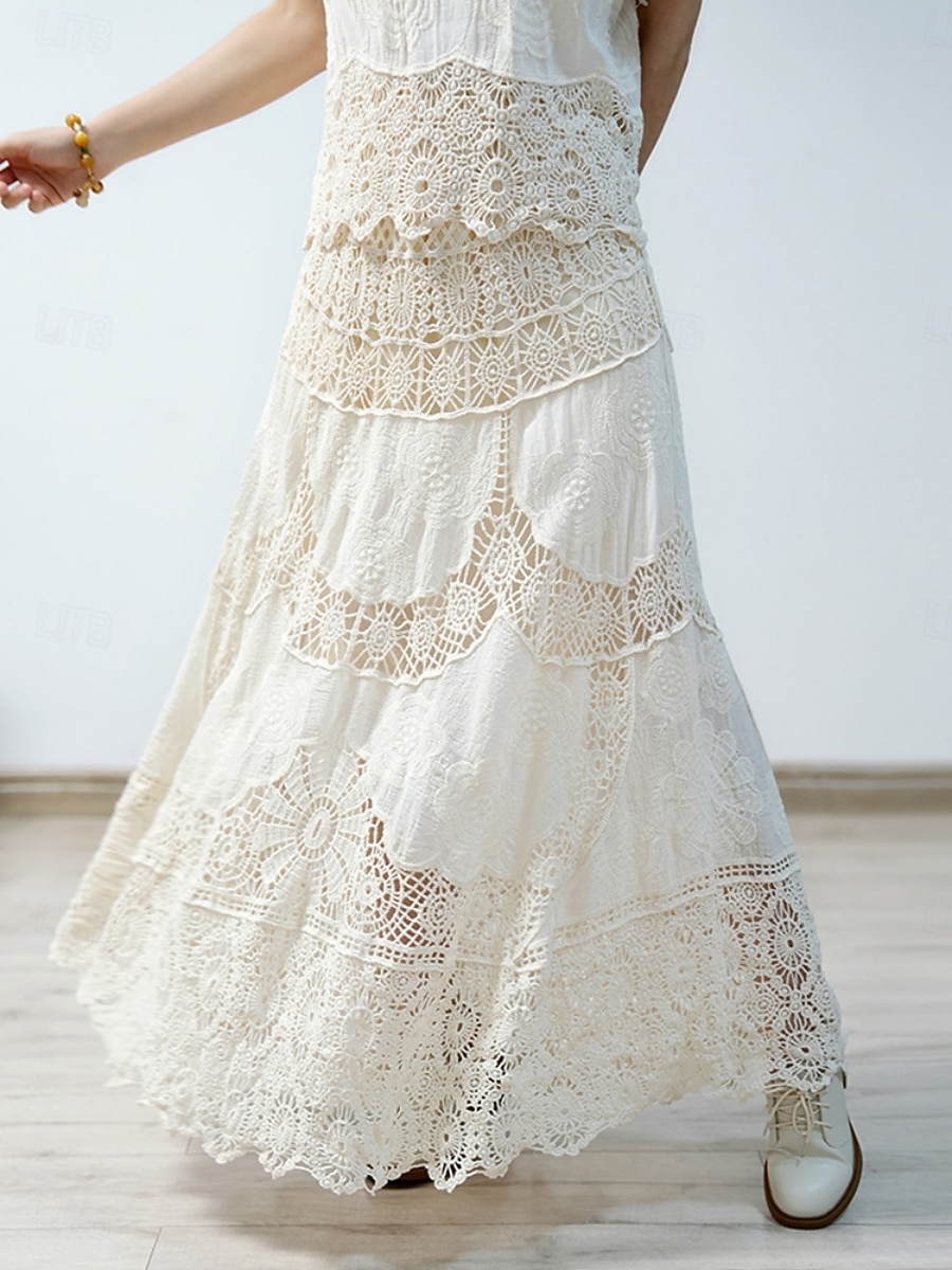 Mulheres Saia de renda Boêmia Moda Casual Longo Cintura Média Saias Cor Sólida Renda Buraco Sem Elasticidade Diário Férias Branco Bege Verão Algodão de 2026 por $43.99 –P2