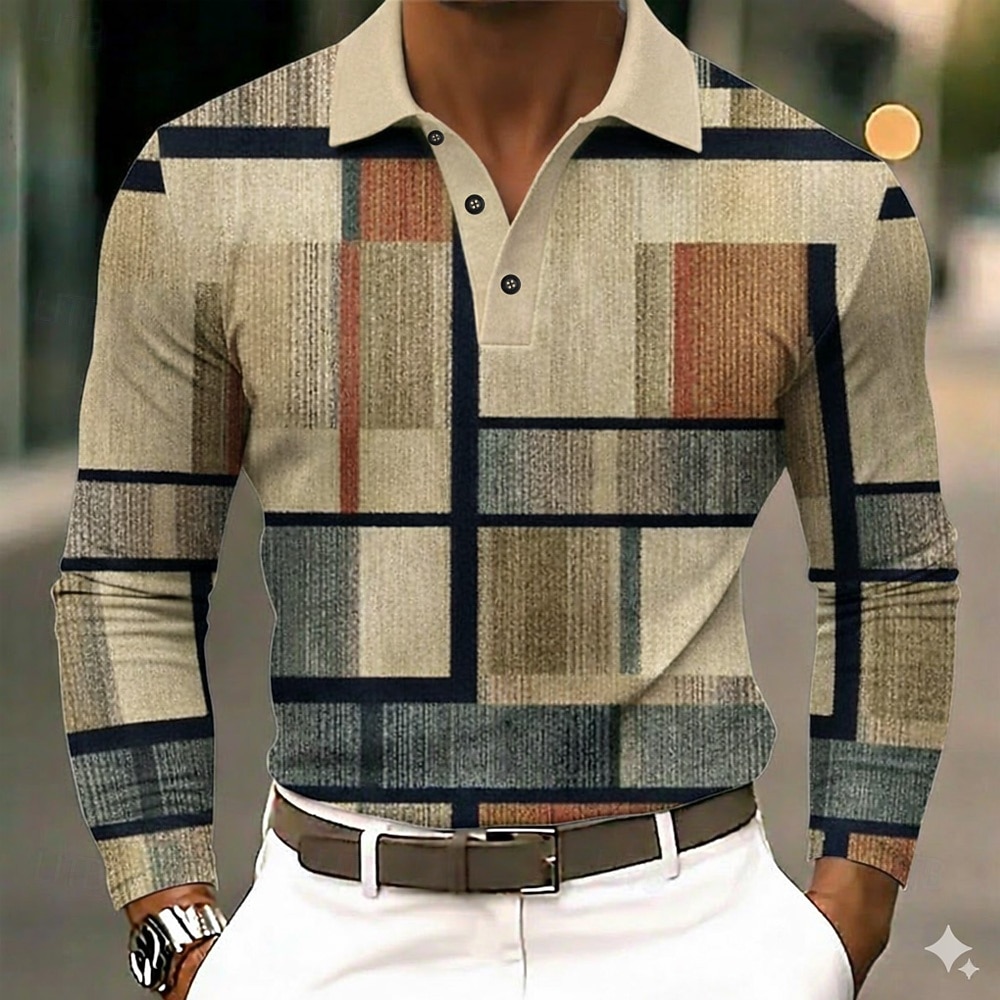 Men's Color Block Polo Shirts Long Sleeve Polo Shirts Lapel Business Casual Outdoor Athleisure Daily Wear 3D Print Buttons Spring Fall Blue Purple Brown 2026 - $22.99 –P1