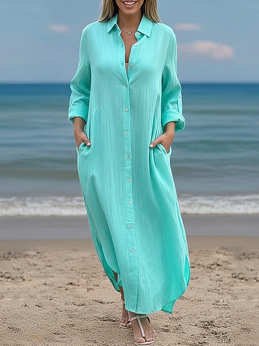 שמלת מקסי לנשים מכותנה ופשתן שמלת שינוי קזואלית יומית רחבה פשוטה עם שרוולים ארוכים צווארון כחול שחור לבן ירוק בהיר קיץ אביב סתיו 2026 - $41.99 –P15